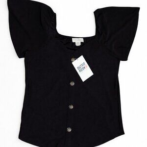 Monteau Black Button-Front Blouse | Women’s Square Neck Short Sleeve Top
